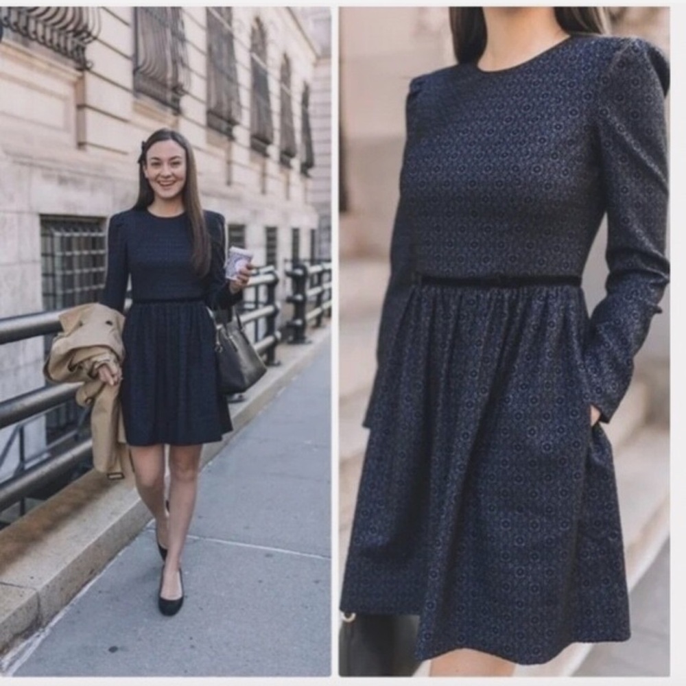 Gal Meets Glam Navy Callie Print Textured Fit & Flare Long Sleeve Dress Size 8